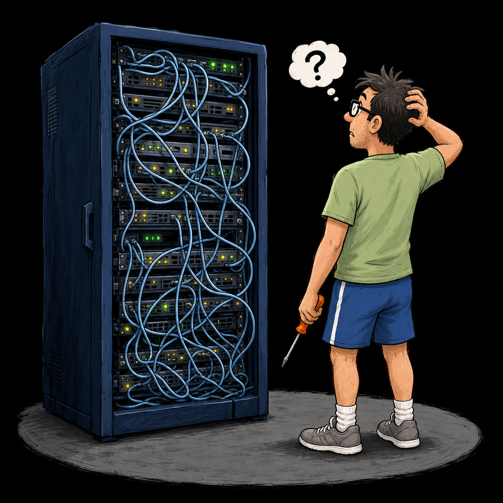 Técnico em frente a um rack de servidores, ilustração cômica